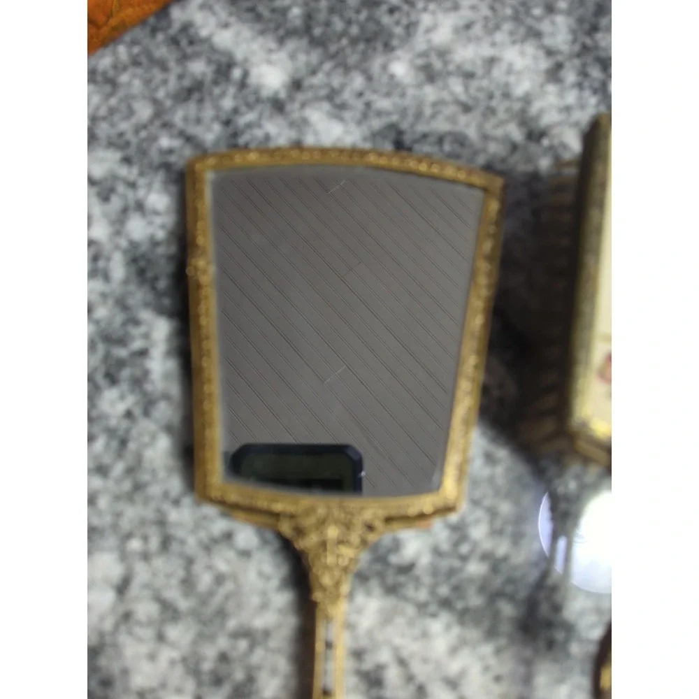 Vintage Floral Tapestry Back Gold Filigree Mirror & 2 Brush Vanity Set